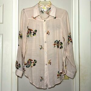 Anthropologie Fig and Flower Cream Embroidered Button up Long Sleeve Top small